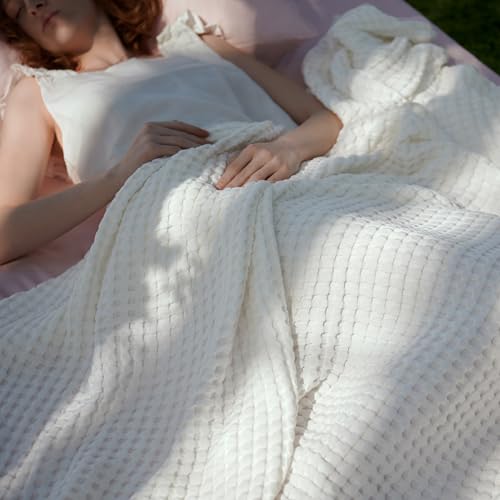 Bedsure Cooling Waffle Queen Size Blanket - Lightweight Cotton Summer Blanket of Rayon Derived from Bamboo for Hot Sleepers, Luxury Throws for Bed, Couch and Sofa, Ivory, 90x90 Inches