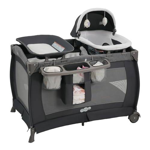 Pamo Babe Pack and Play 4-in-1 Baby Playard with Bassinet & Changing Table, Foldable Portable Playpen with Mattress, Nursery Center for Newborn to Toddler 0-36M-Grey